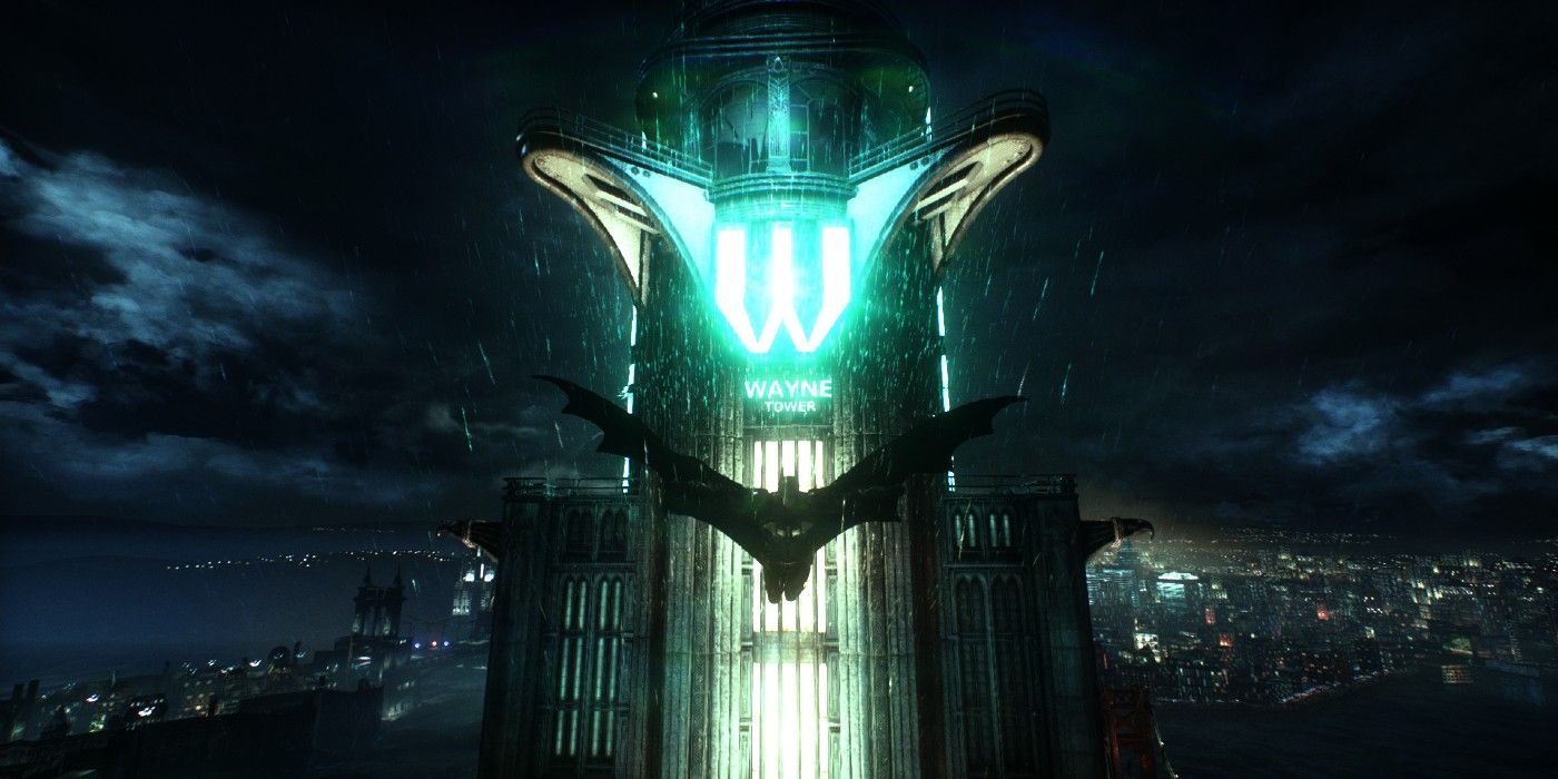 Batman flies towards the neon light of Wayne Tower