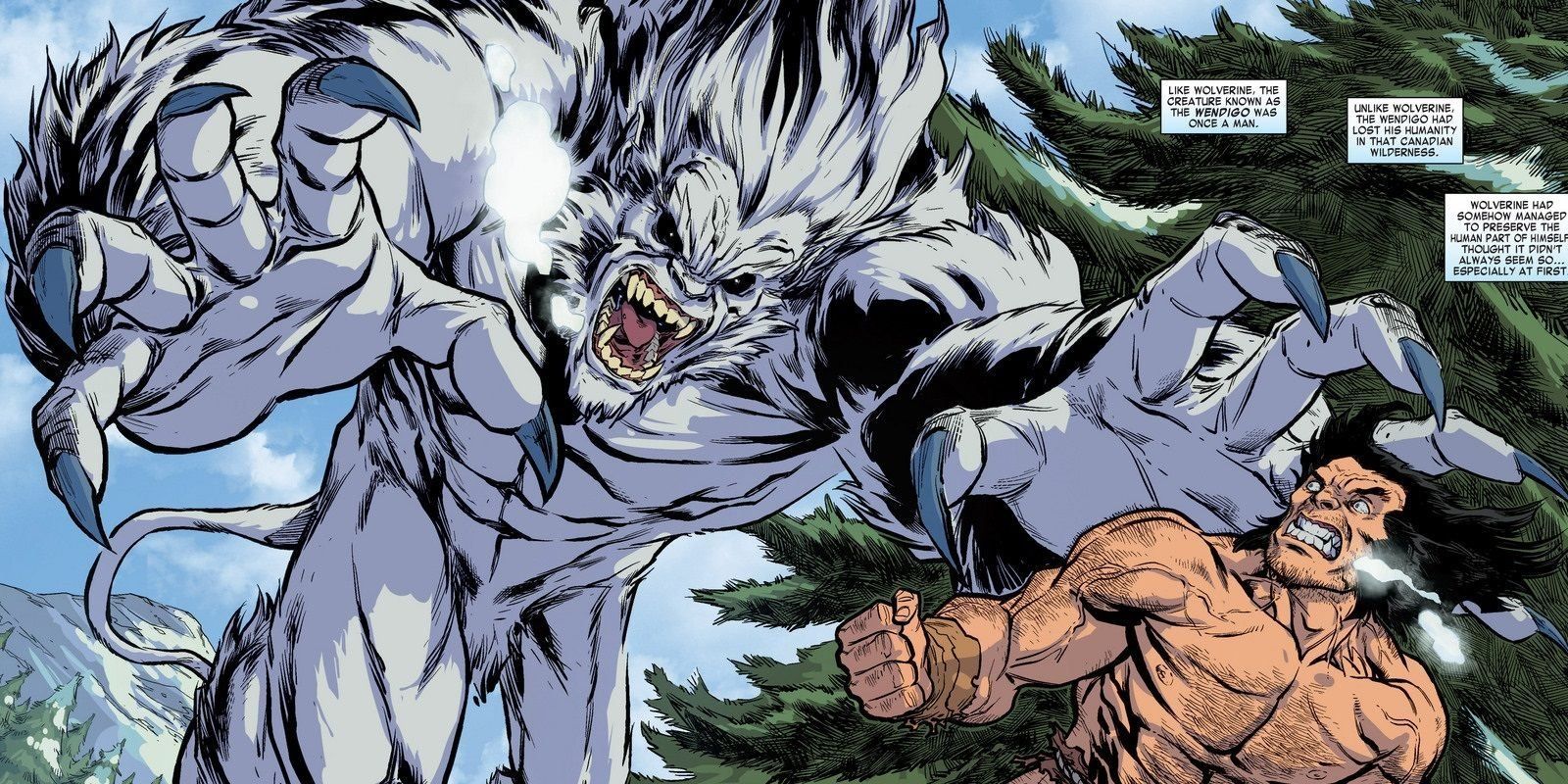 Wendigo chasing Wolverine through the forest in Marvel Comics