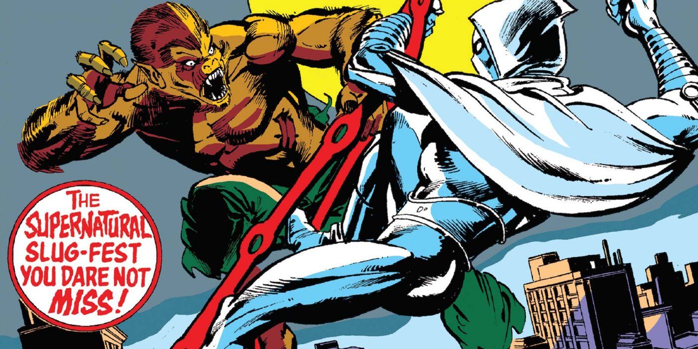 Werewolf by Night fights Moon Knight in Marvel Comics.