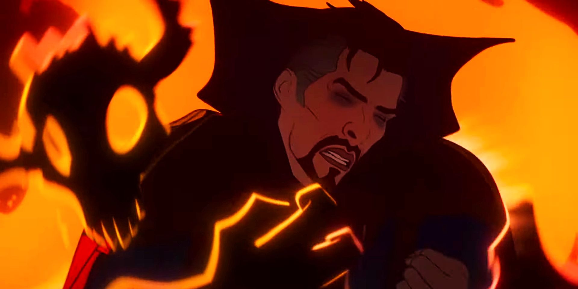 Doctor Strange closes his eyes as he is surrounded by flames in Marvel's What If...?