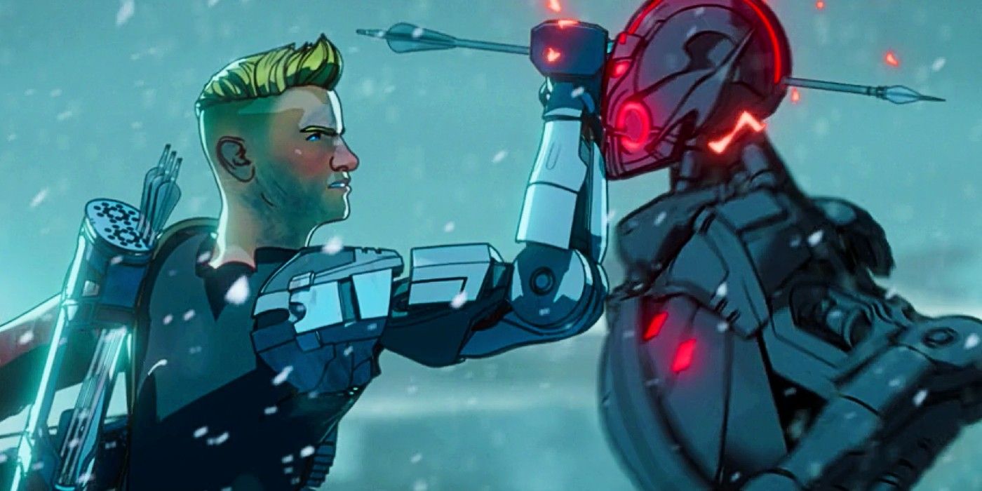 Hawkeye stabbing an Ultron Sentry with an arrow in Marvel's What If...?
