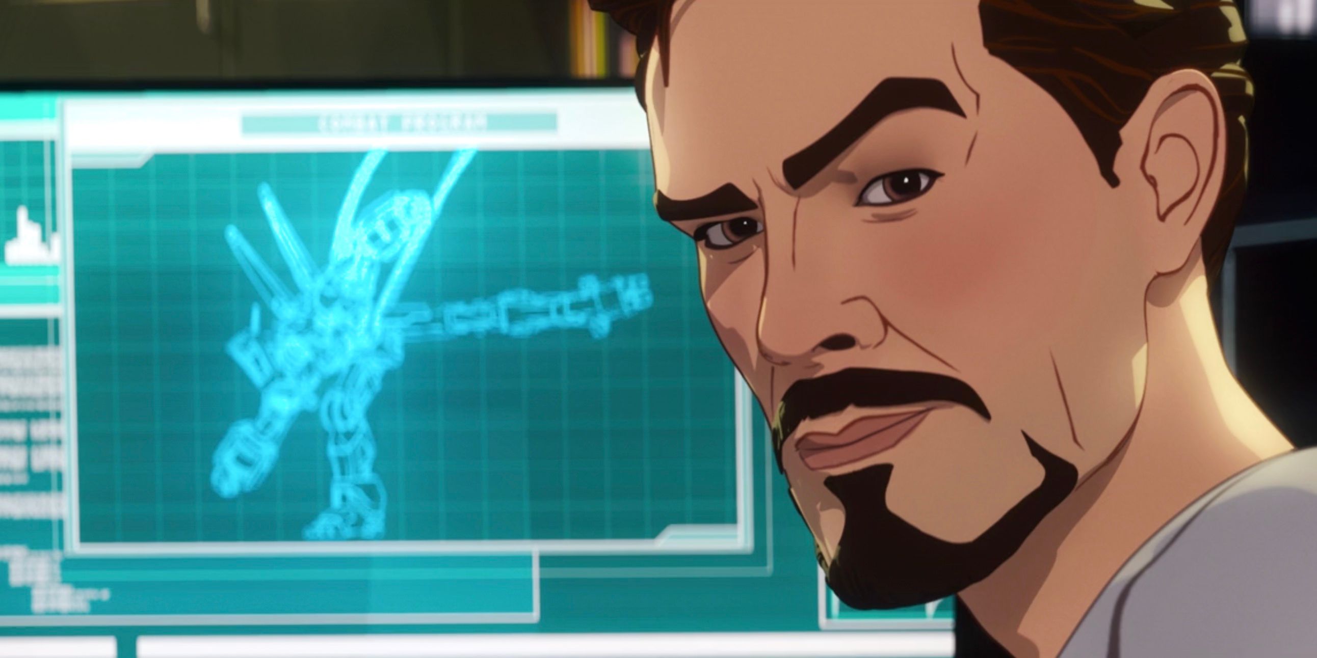 Tony Stark raising his eyebrow with a computer screen showing a Gundam-like Liberator model in the background in Marvel's What If...?