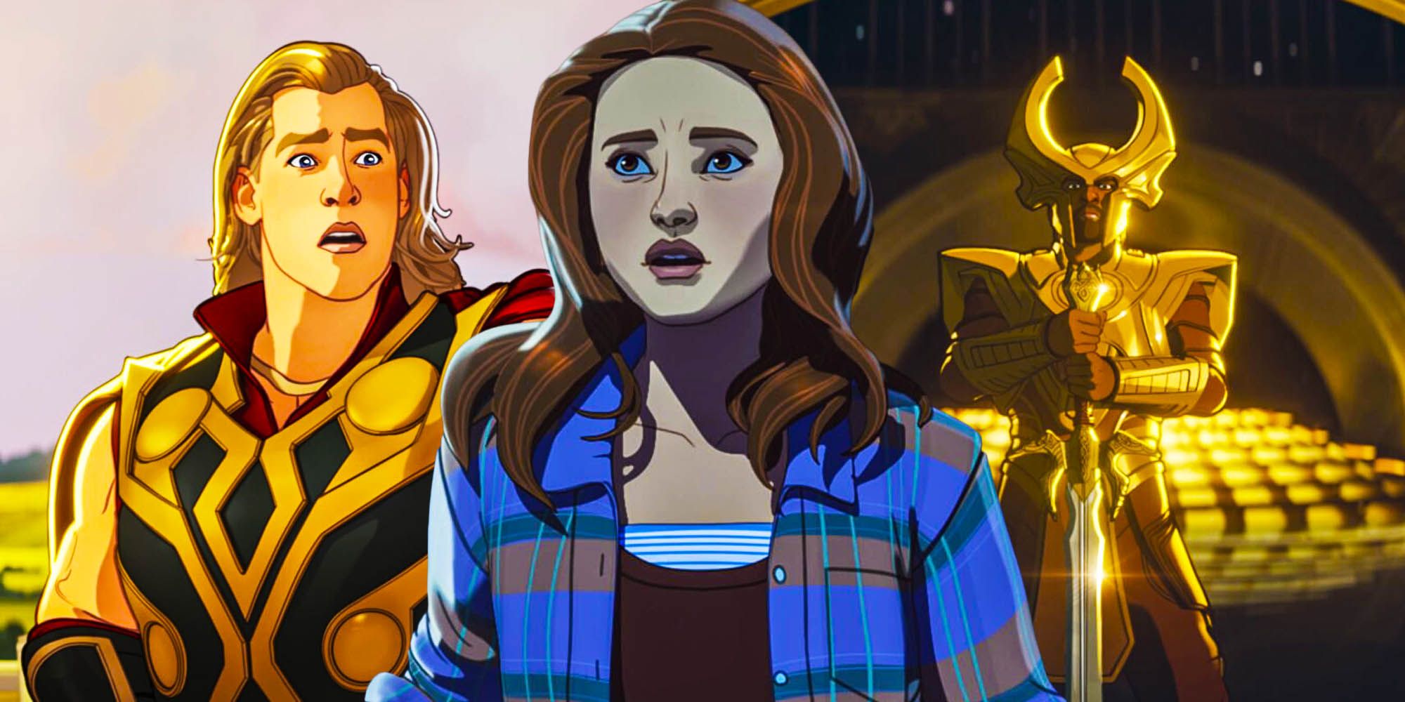 Split image of Jane Foster, Thor, and Heimdall from What If..? animated series.