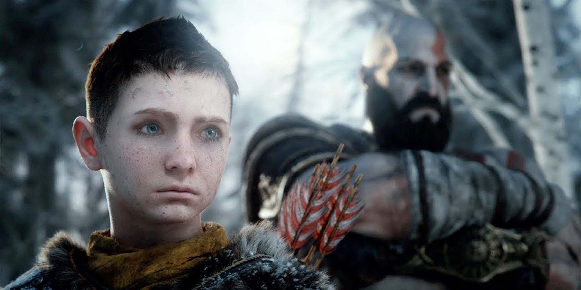 atreus close to the camera and kratos with arms folded behind
