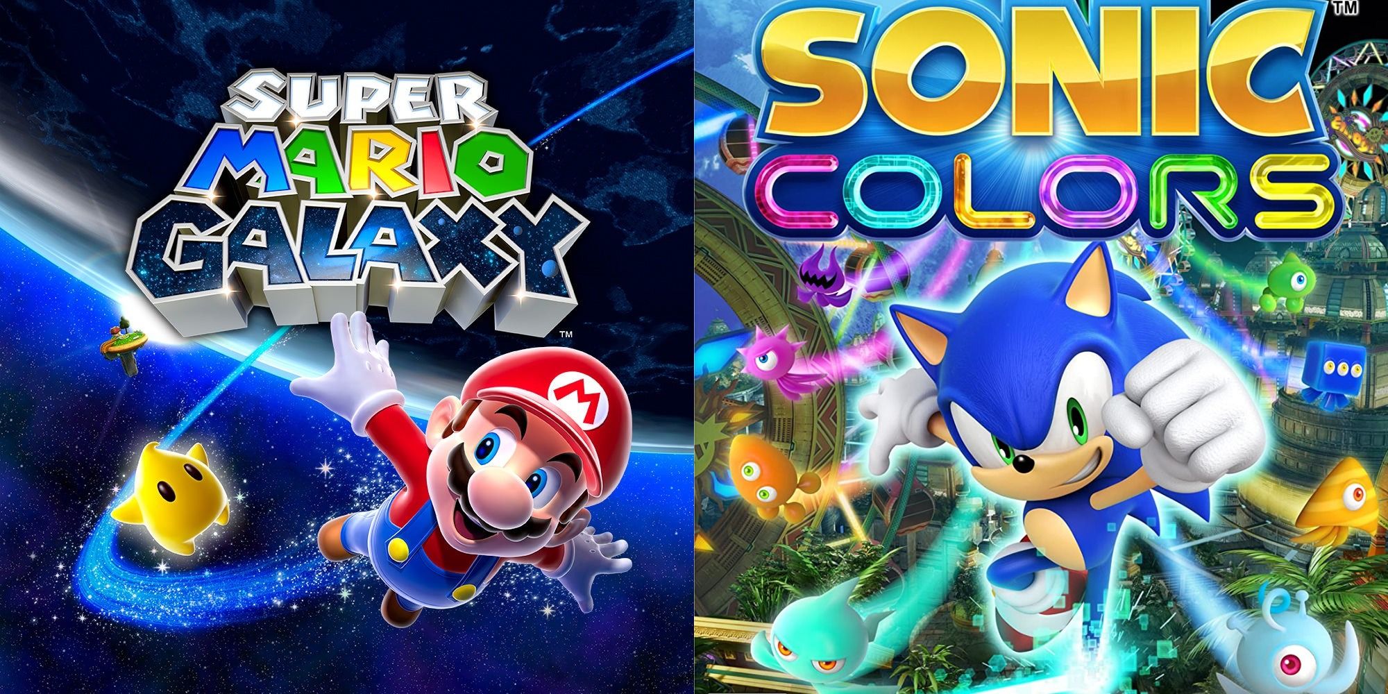 Split image showing covers for Super Mario Galaxy and Sonic Colors