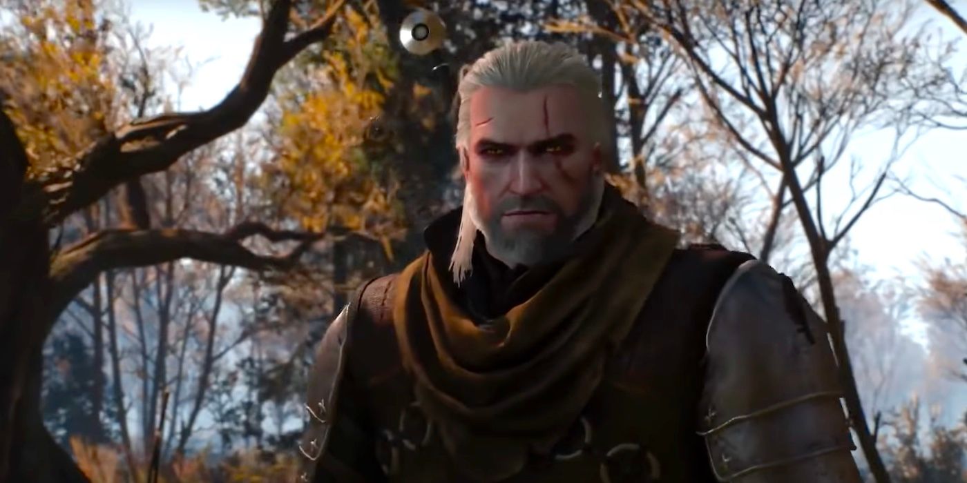 Geralt standing in the forest in The Witcher 3.