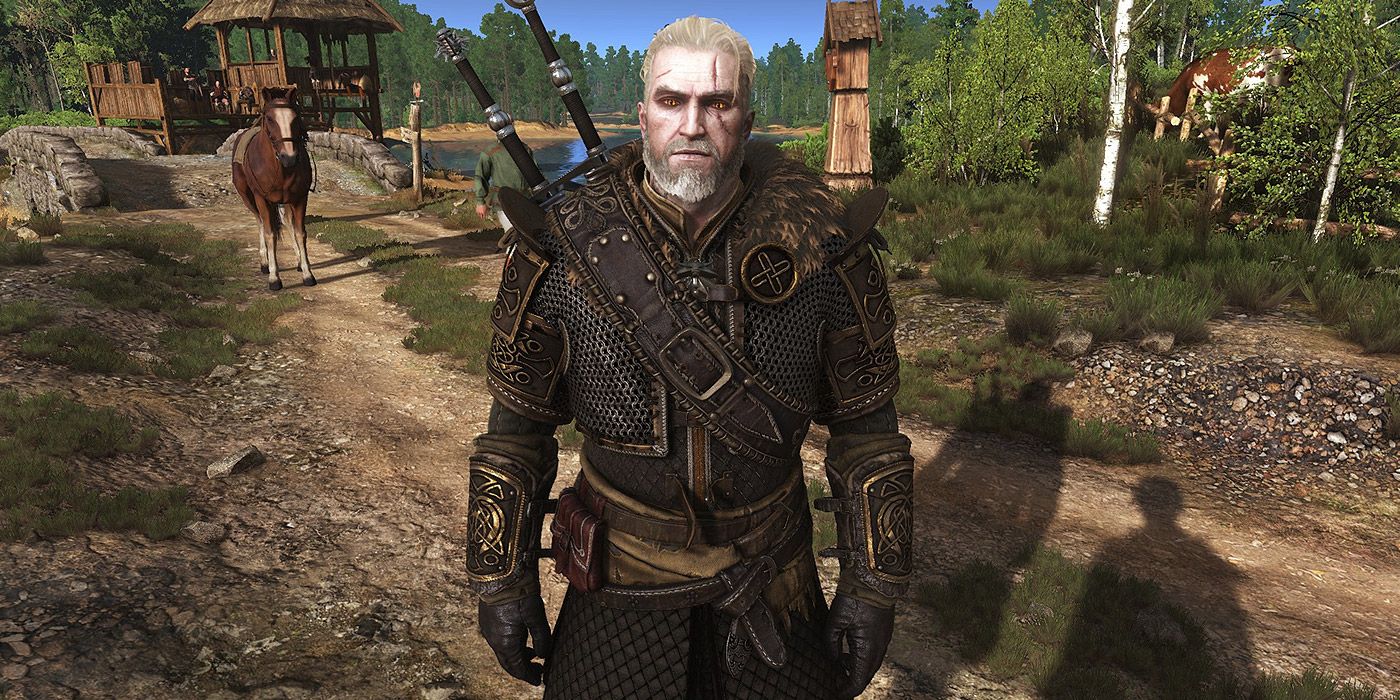 Geralt wearing a new armor set with etched engravings in The Witcher III