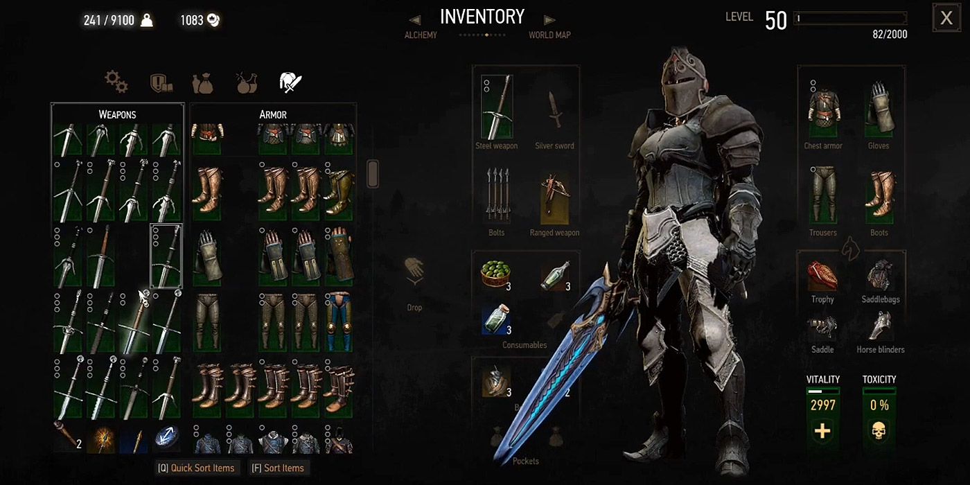 A shot of The Witcher III's equipment menu, and Geralt wearing a knight suit of armor