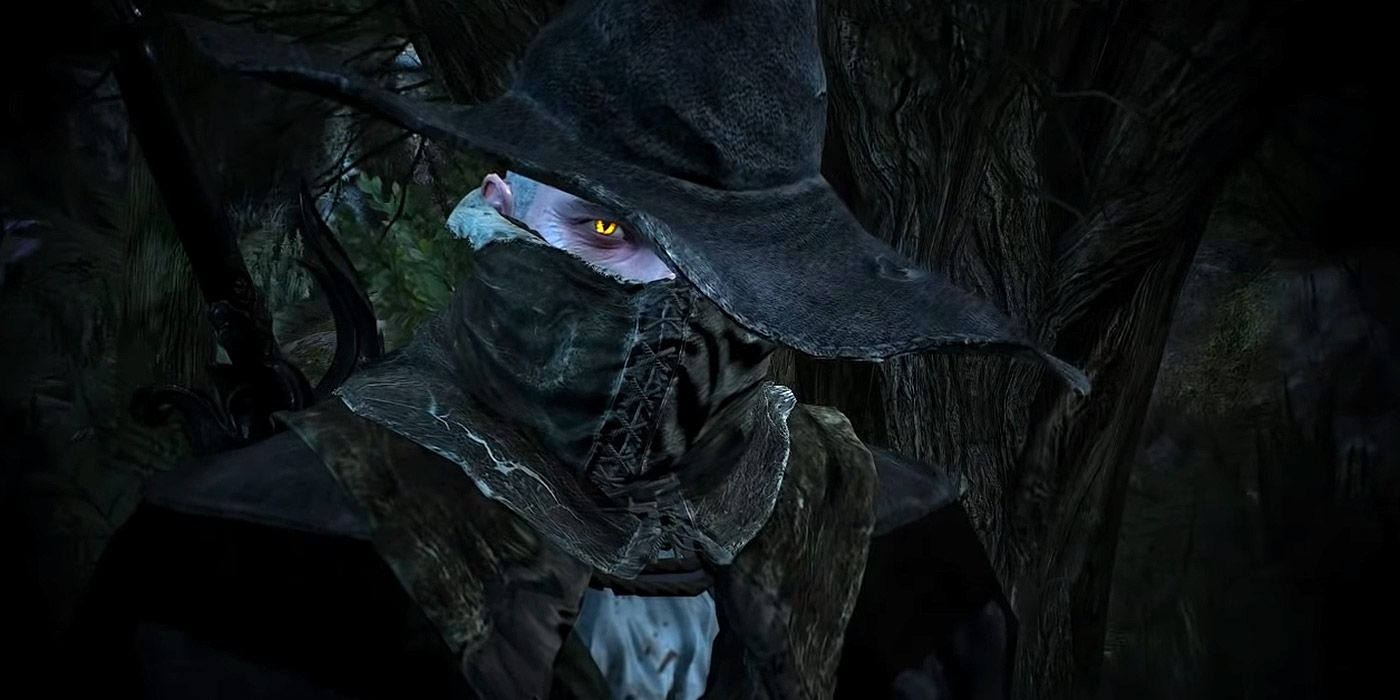 A shot of Geralt from The Witcher III wearing a magician's hat and facial scarf