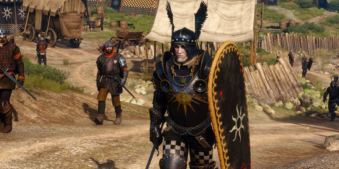 Geralt wearing an exotic suit of armor and wielding a shield in The Witcher III