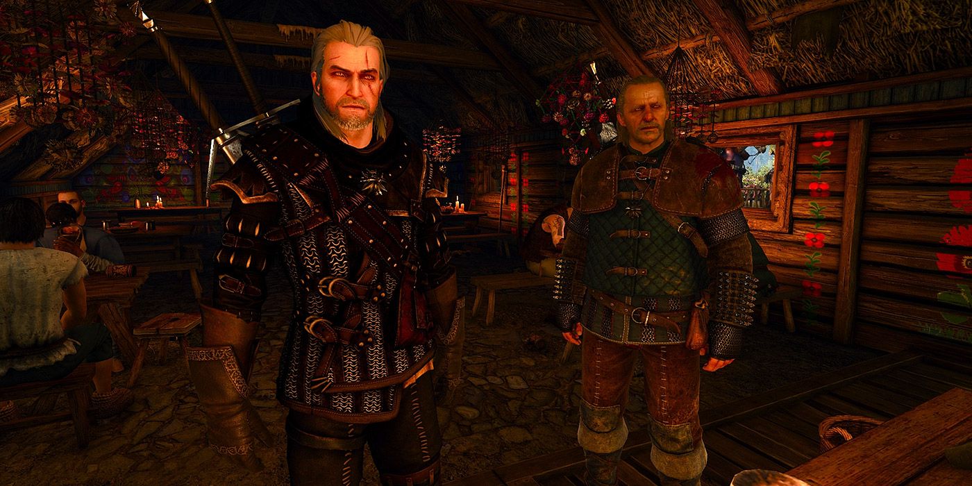 Geralt and Vesimir wearing Witcher 2-inspired armor in The Witcher III