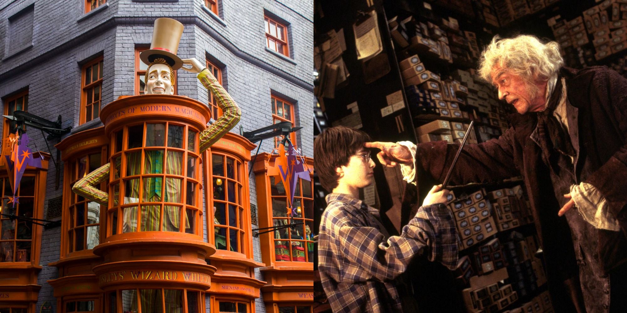 Split image showing the exterior of Weasley's Wizarding Wheezes and the interior of Ollivanders in the Harry Potter franchise