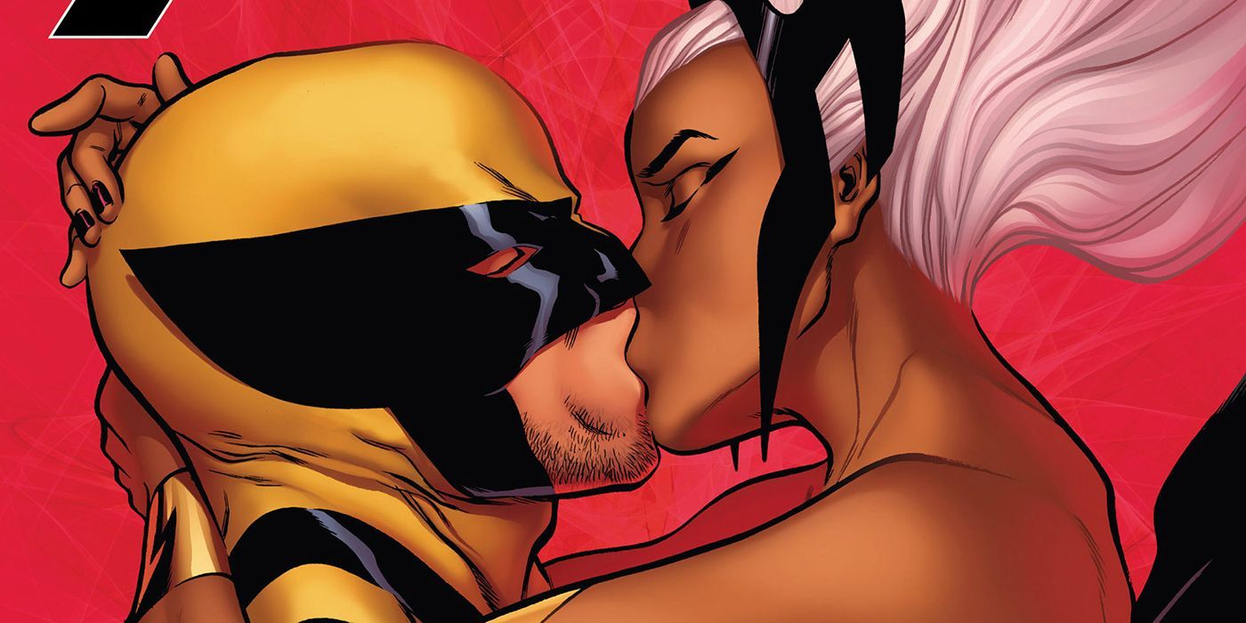 Wolverine and Storm kissing each other in Marvel Comics.