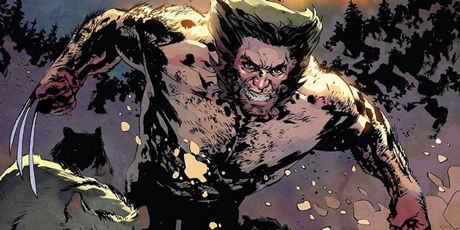 Wolverine charging through the forest with wolves in Wolverine: The Long Night
