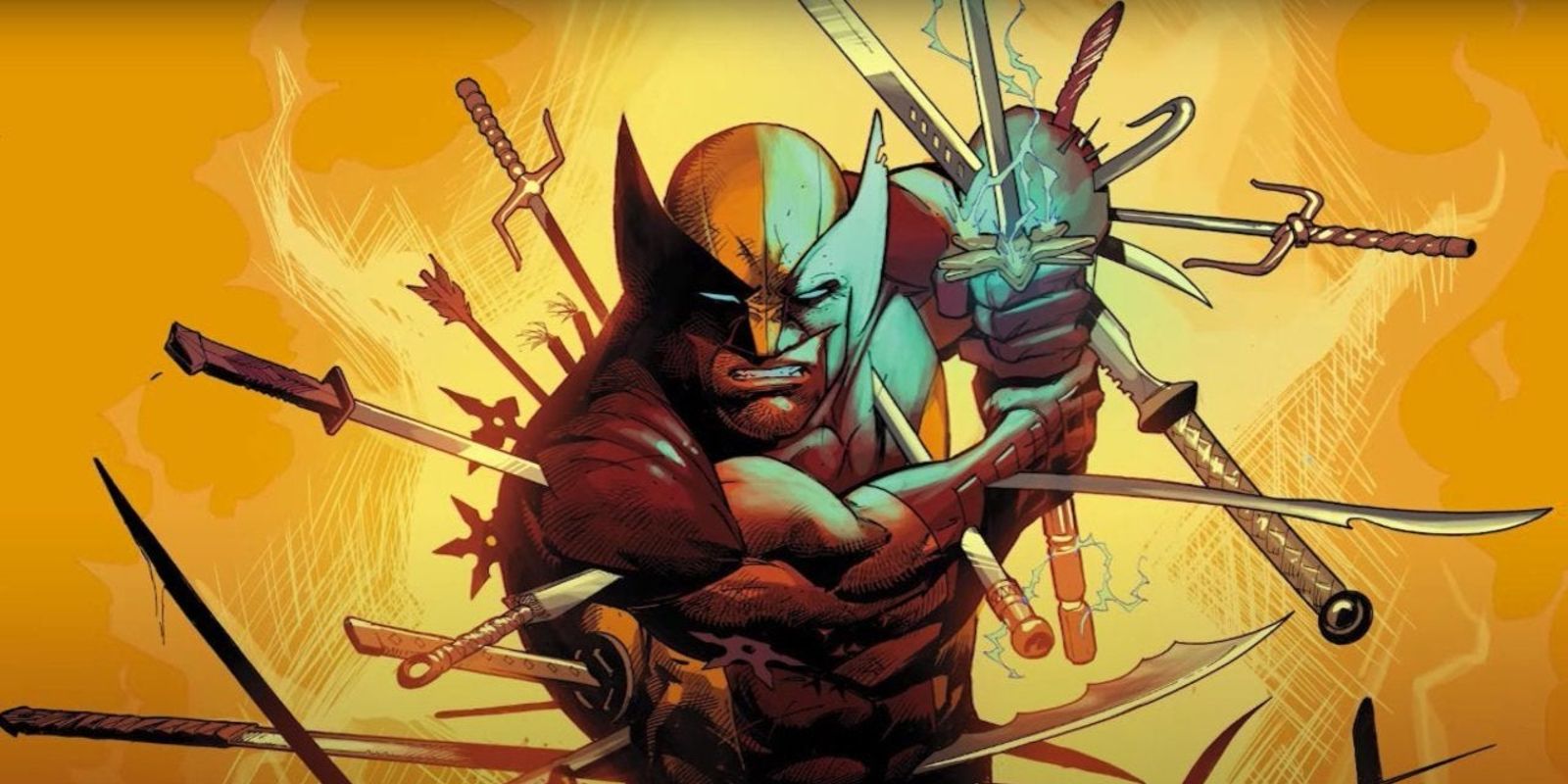 Wolverine memegang pedang sambil ditusuk dengan senjata lain di komik Marvel.
