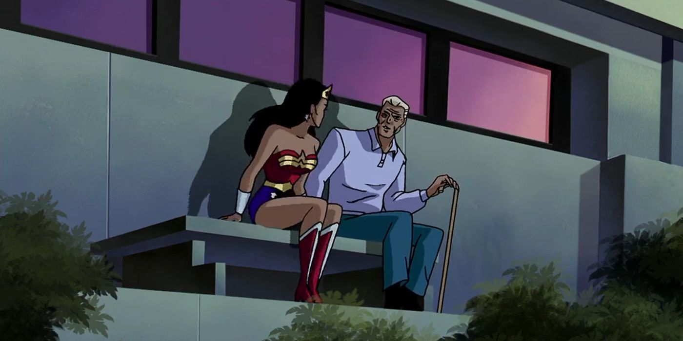 Wonder Woman sitting with old man Steve Trevor in Justice League 2001