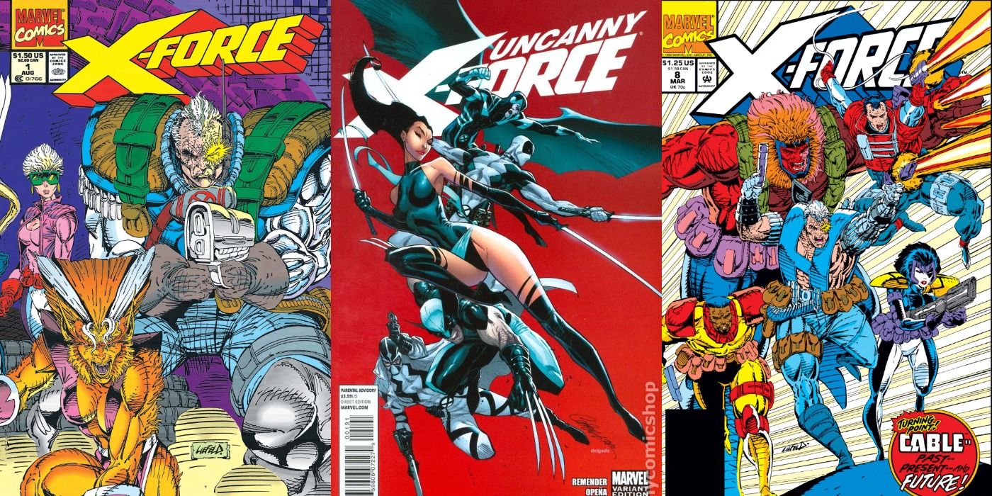 Split image 3 X-Force comics showing all the different iterations of the Marvel team.