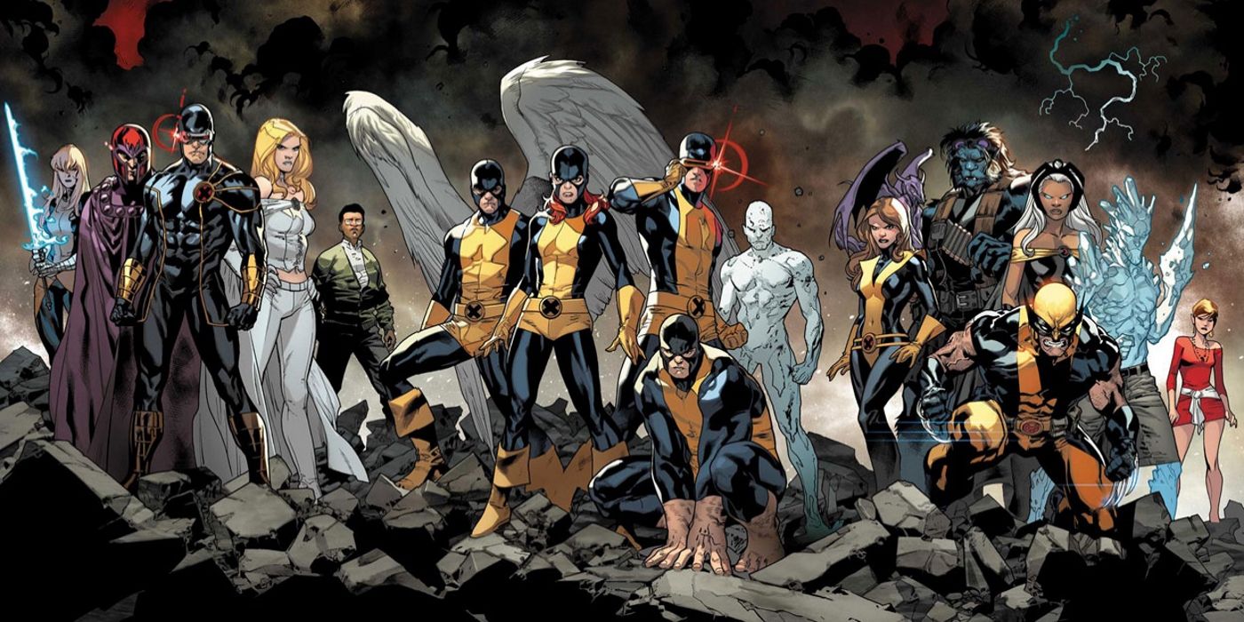 A group shot of over a dozen X-Men standing on a battleground in Marvel Comics.