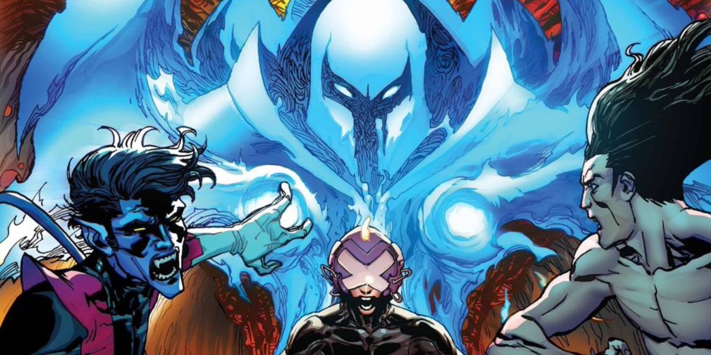 Professor X, with a ghostly outline of Onslaught above him, surrounded by Nightcrawler and Legion