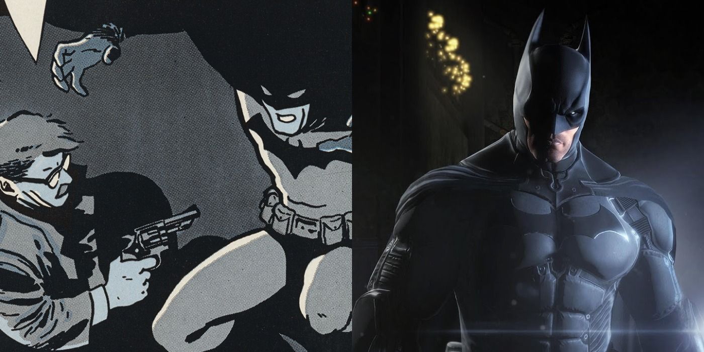 Split image of Gordon and Batman in Year One and a still of Batman in Arkham Origins