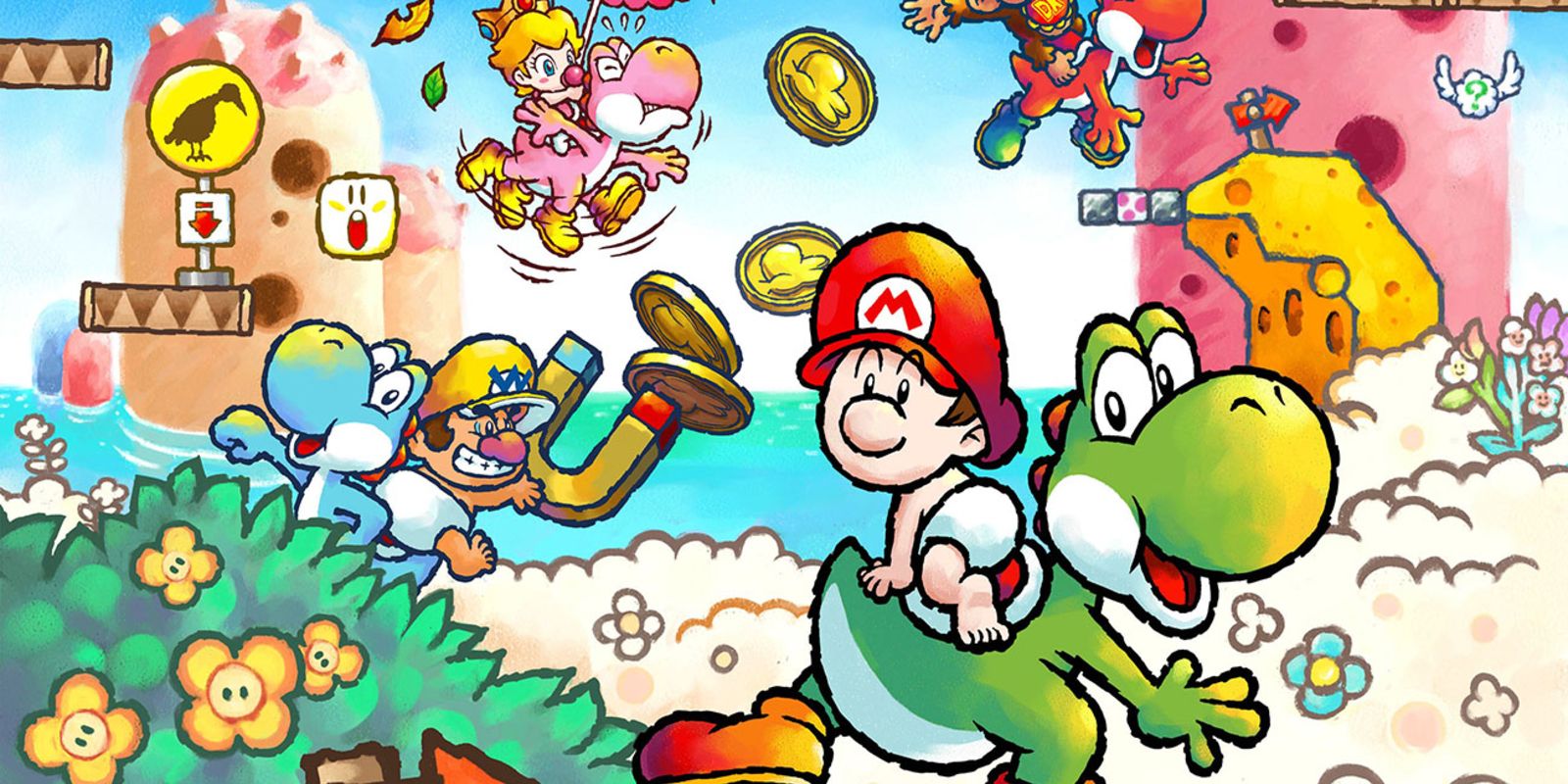 Yoshis carrying the babies in promotional art for Yoshi's Island DS