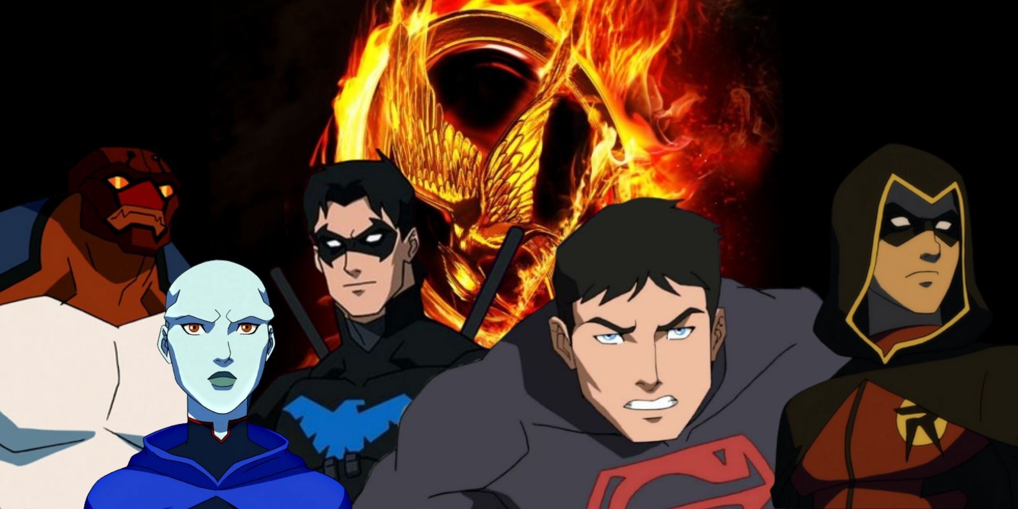 Split image showing the characters from Young Justice against a Hunger Games mockingjay backdrop