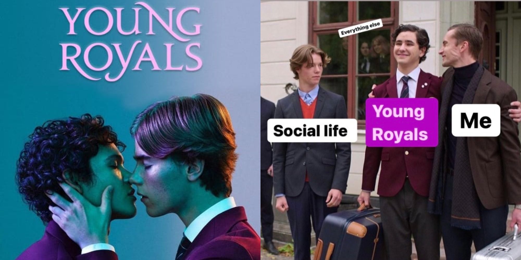 Split image showing a poster for Young Royals and a meme about the show