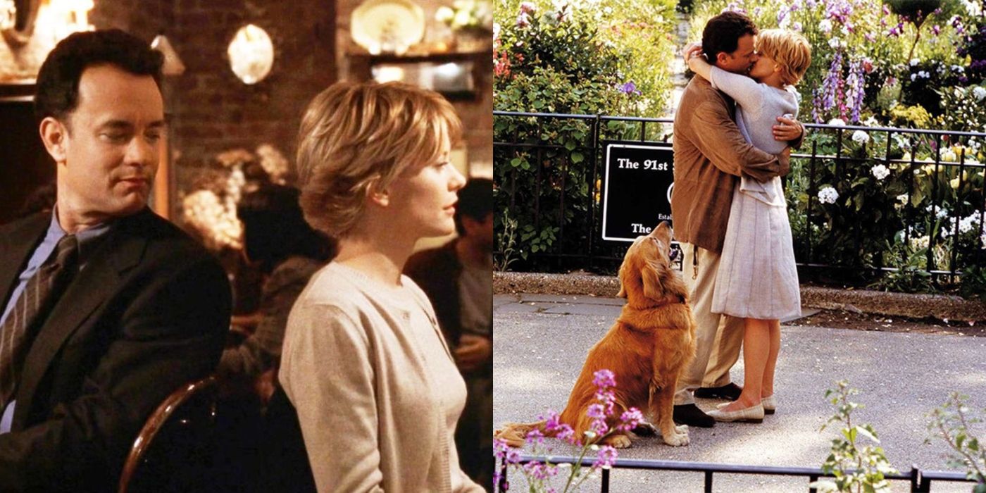 Split image of Joe and Kathleen sitting together and kissing in You've Got Mail