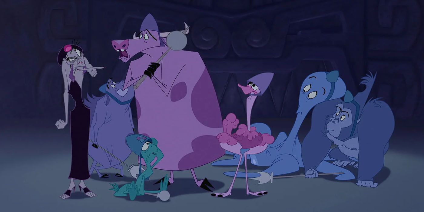 Yzma and the newly transformed animal guards in Disney The Emperor's New Groove