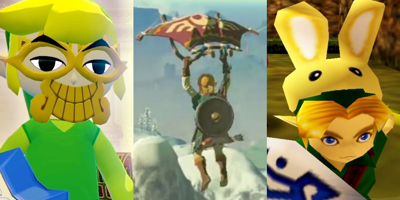 Split image of Link uses the Hero's Charm, Paraglider, & Bunny Hood from the Legend of Zelda series.