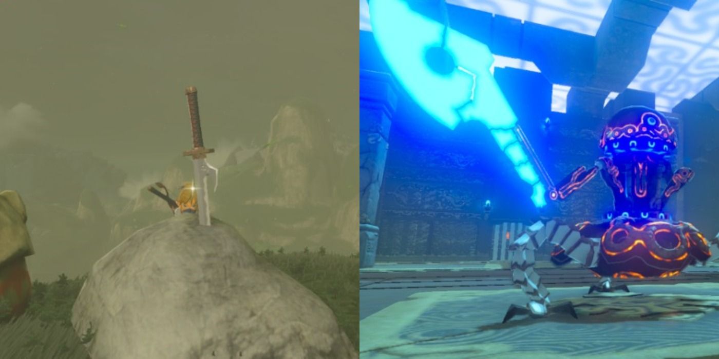 Split image: Eightfold Blade sits buried in a stone, a Guardian wields an Ancient Battle Axe in The Legend of Zelda: Breath of the Wild