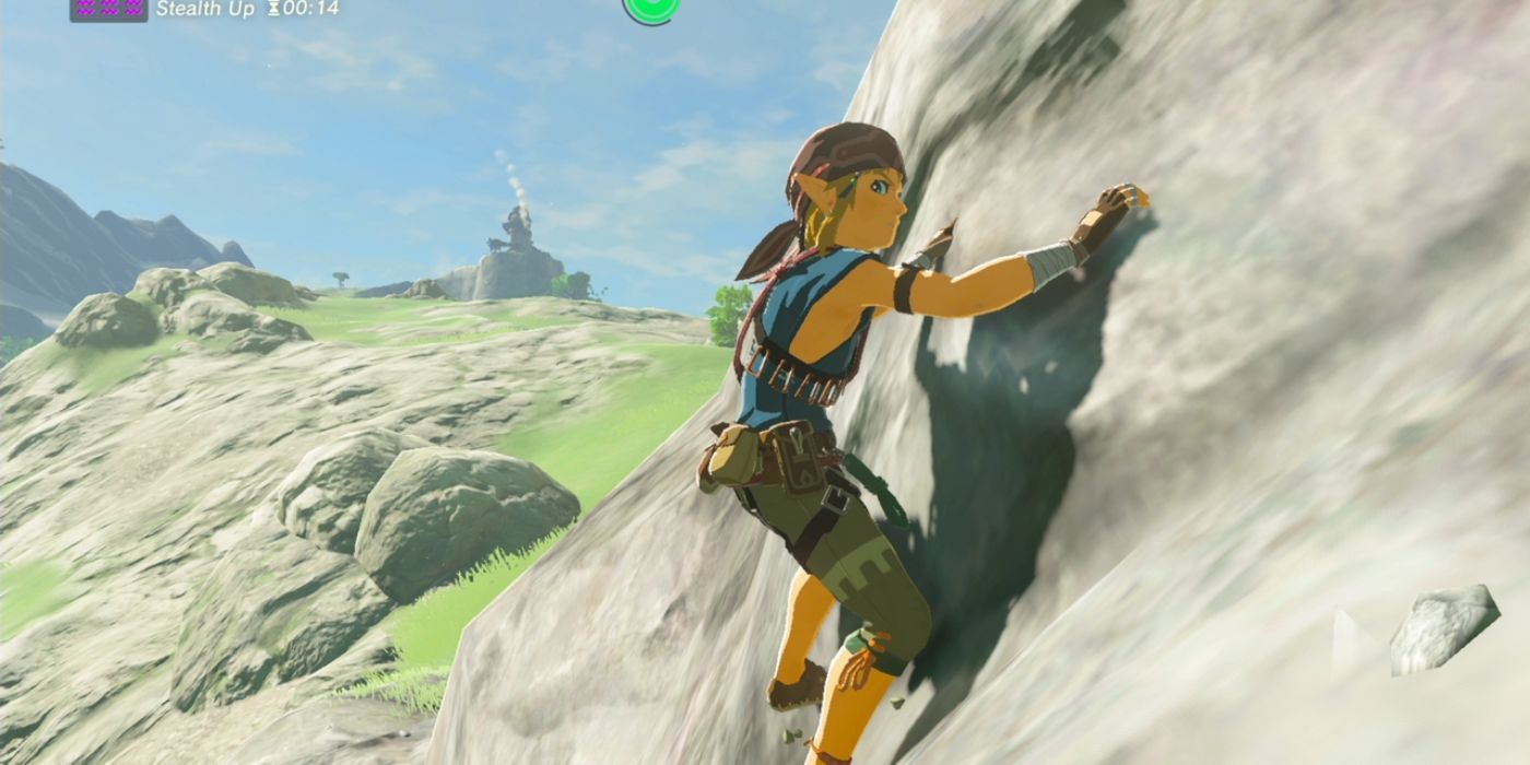 Link scales a mountain in the Climbing Set in Breath of the Wild.