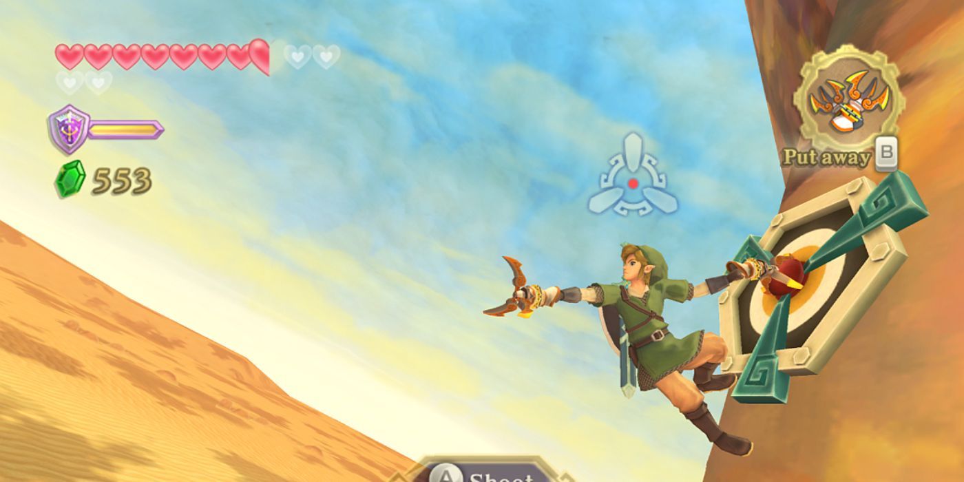 Link prepares to use the Double Clawshot in Skyward Sword.