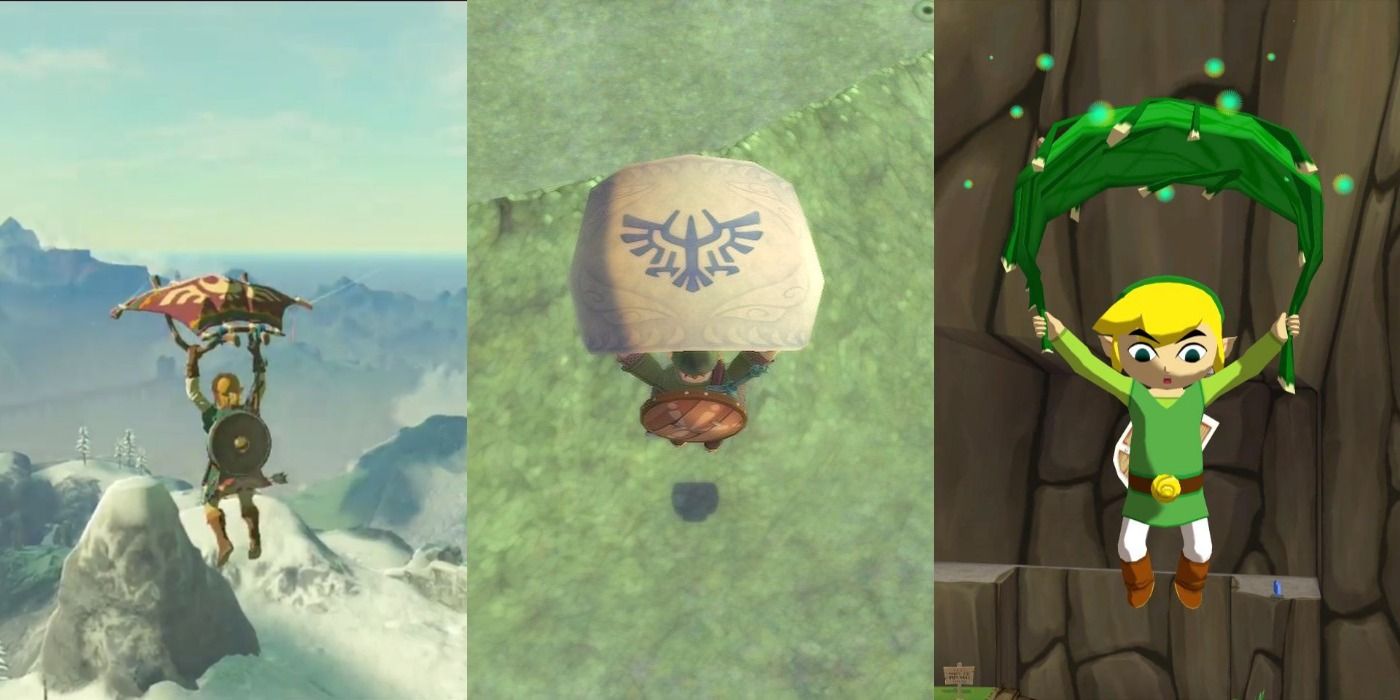Link glides through the air on gliders in Breath of the Wild, Skyward Sword, and Wind Waker.