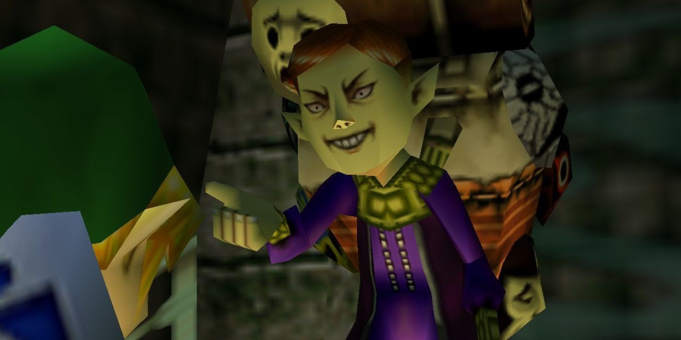 The Happy Mask Salesman glares menacingly at Link in Majora's Mask.