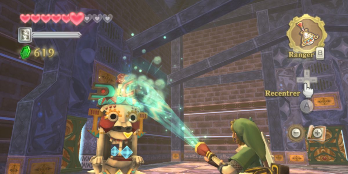 Link uses the Gust Bellows at the Lanayru Mining Facility in Skyward Sword.