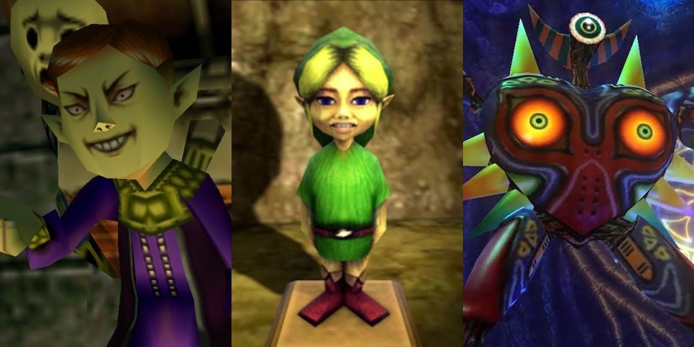 Split image of The Happy Mask Salesman, the Elegy statue, and Majora from Majora's Mask.