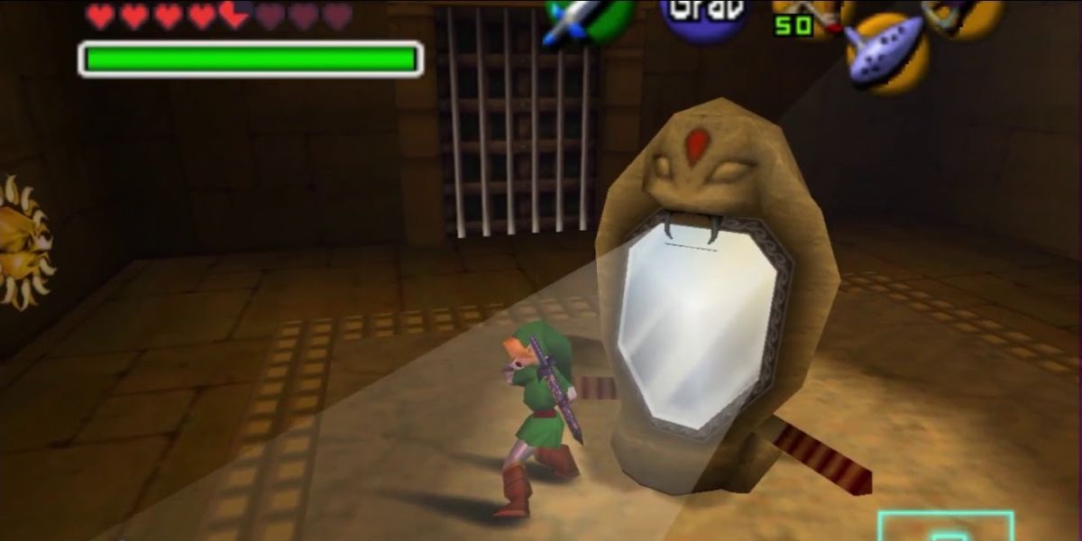 Link completes a Spirit Temple puzzle in Ocarina of Time.