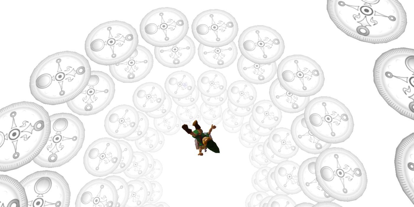 Link falls through circles of floating clocks in Majora's Mask.