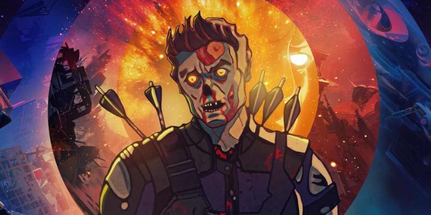 A zombie version of Hawkeye with arrows behind his back in the promotional poster for the show What If.