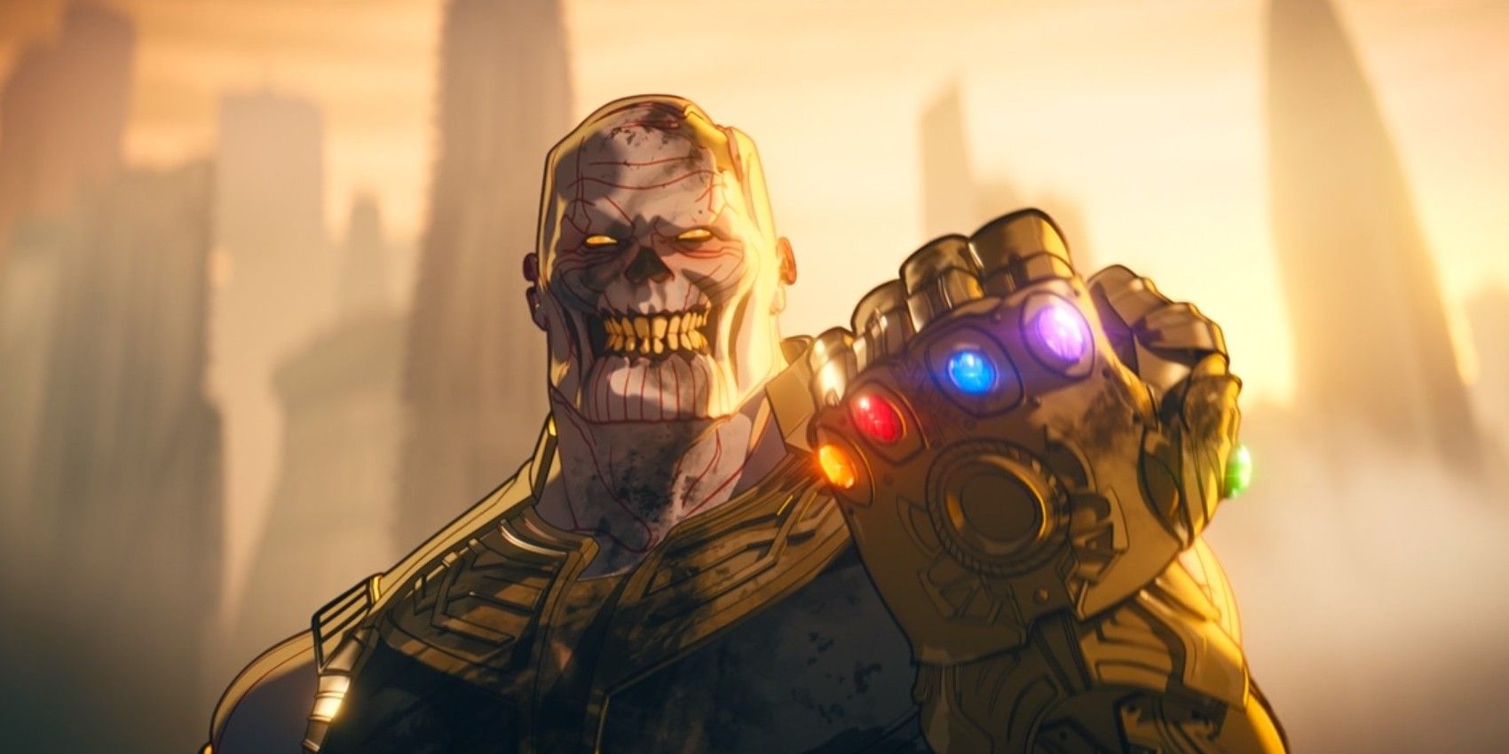A zombie Thanos clecnhes his fist wearing the Infinity Gauntlet in What If...?