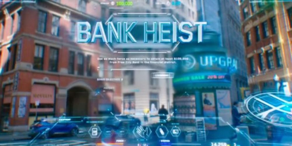 A view through Guy's glasses in Free Guy, a blue hologram saying Bank Heist
