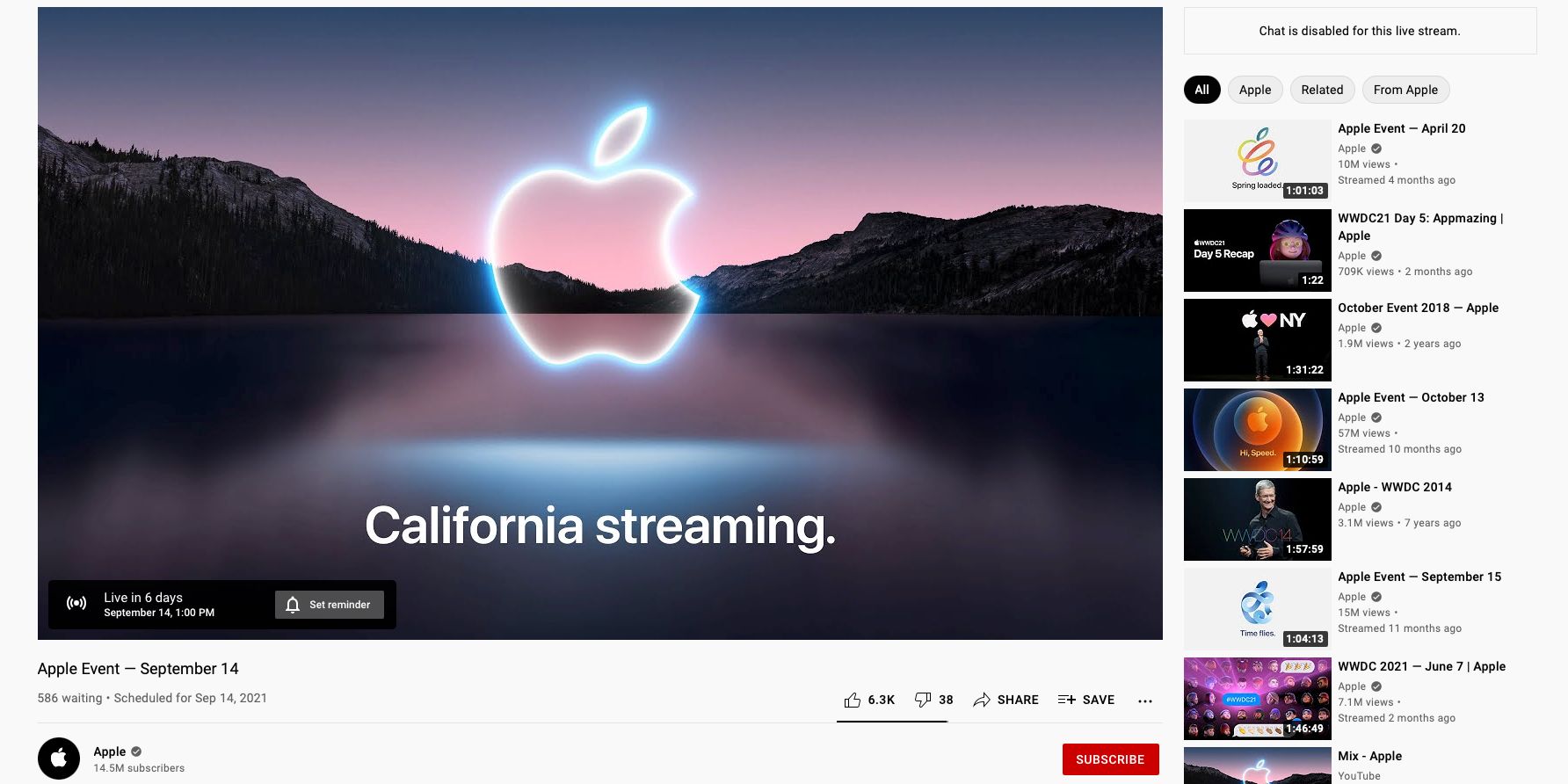 Apple September 14 event live stream on YouTube
