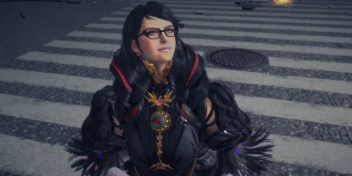 Bayonetta standing on the street in Bayonetta 3.