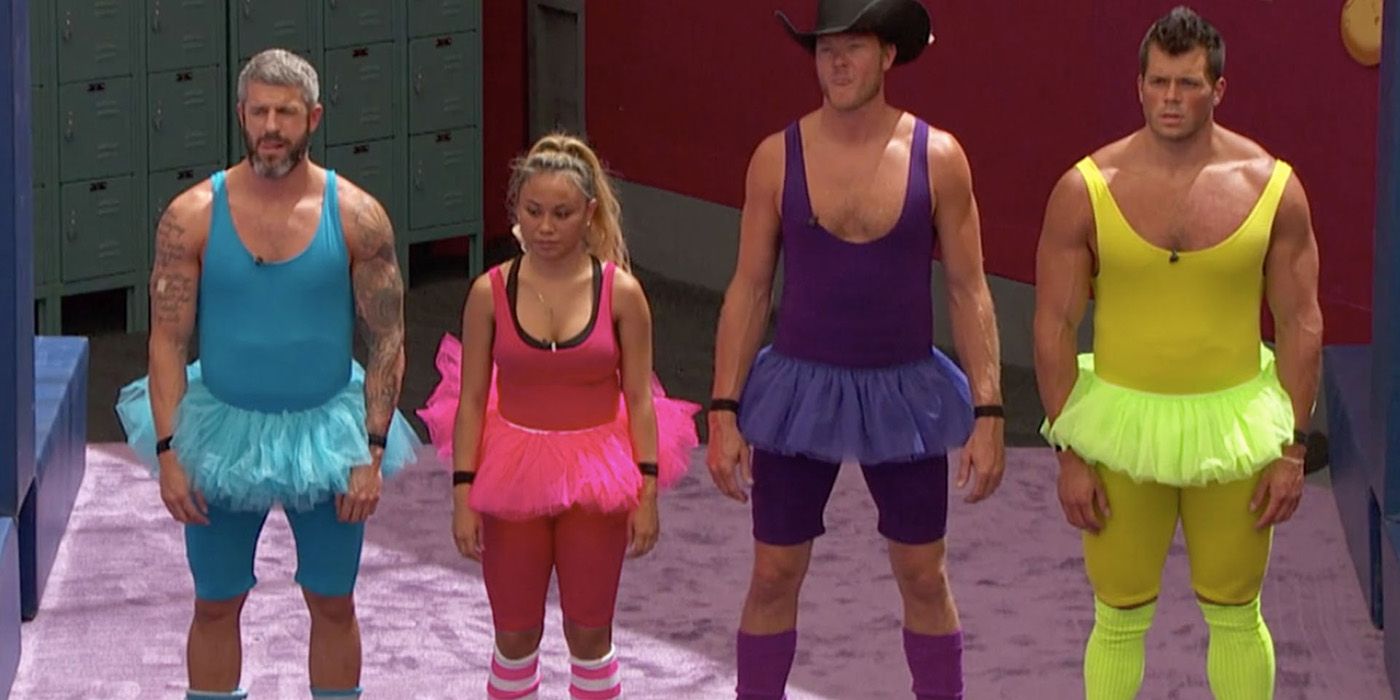 Four houseguests wearing bowlerina uniform in different colors on Big Brother.