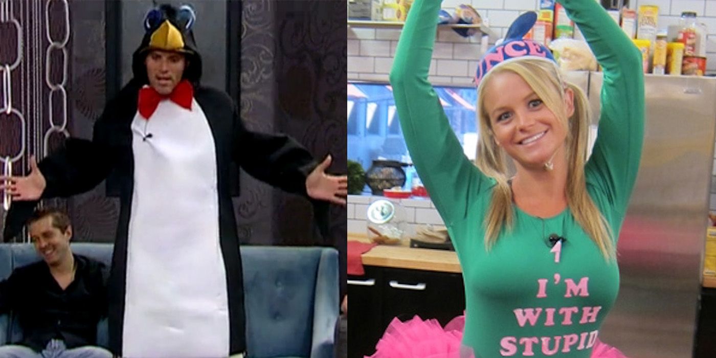 Split image of Enzo dressed as a penguin and Jordan in the humilitard from Big Brother.