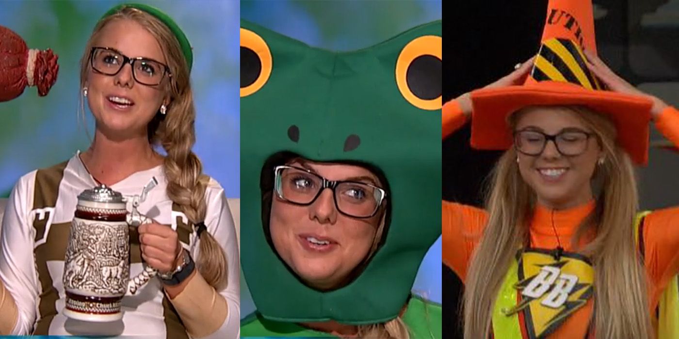 Split image of Nicole in three different costumes on Big Brother.