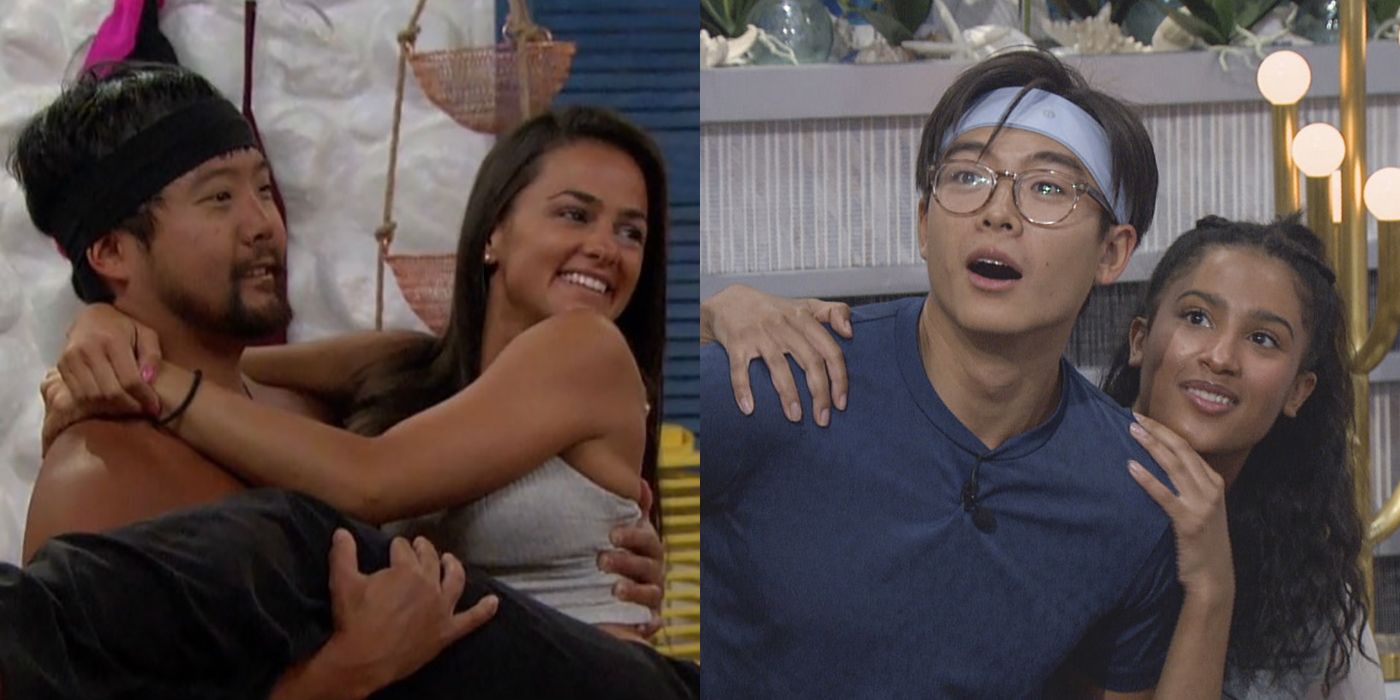 Split image of James and Natalie and Derek X and Hannah from Big Brother.
