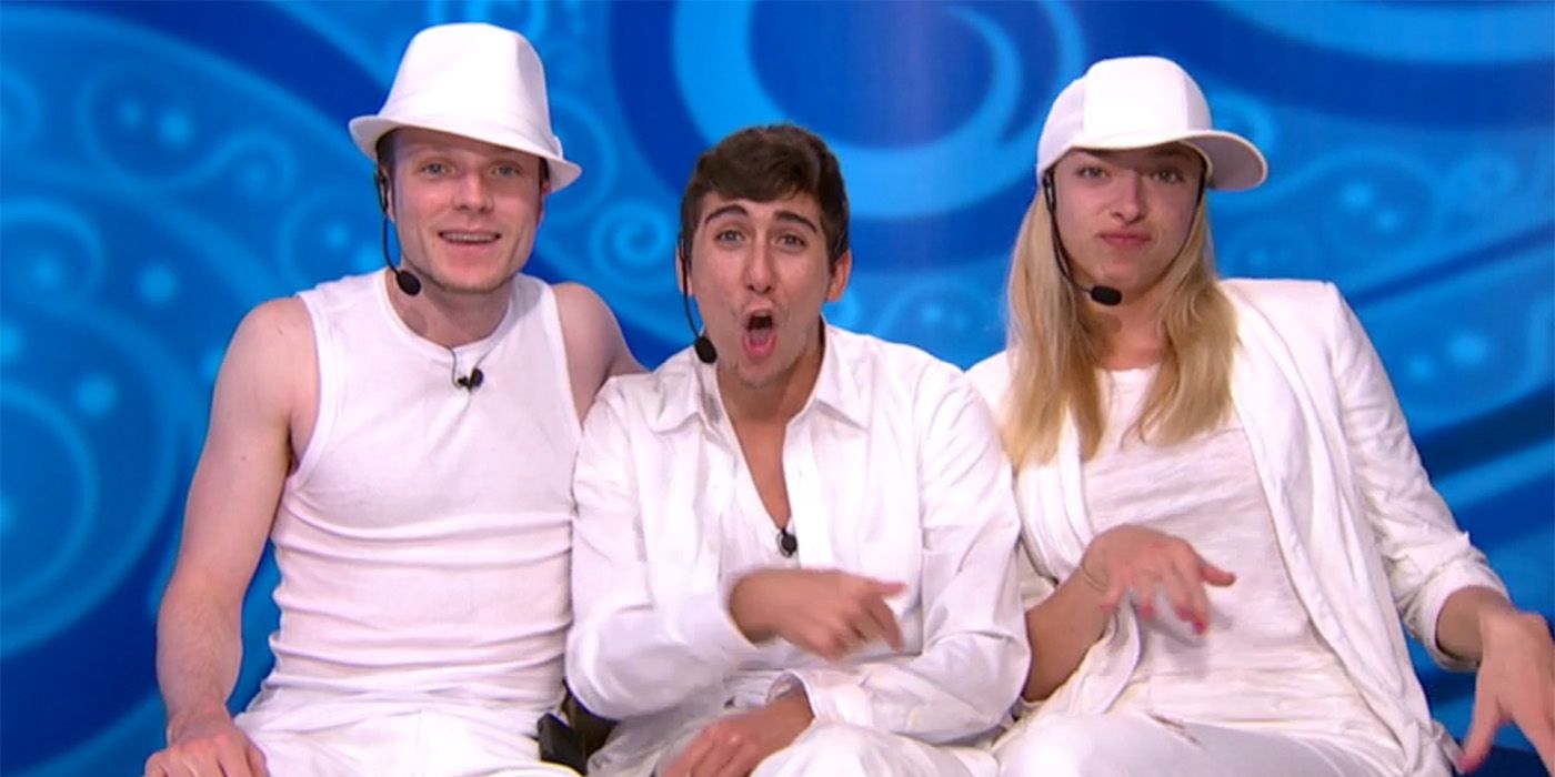 John, Jason, and Julia dressed all in white as The Whackstreet Boys on Big Brother.