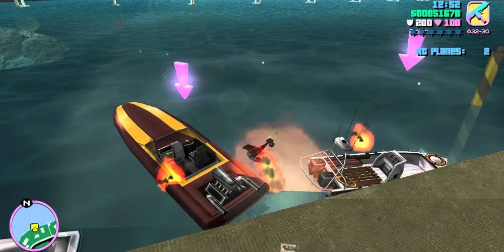 A boat explodes in the water in Grand Theft Auto: Vice City